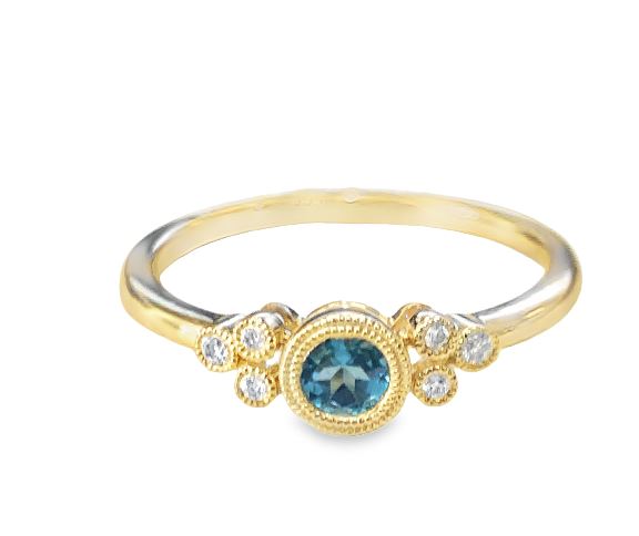 14Y Round Bezel Set Blue Topaz and Diamond Milgrain Ring sz 6.5