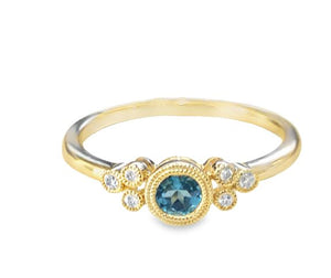 14Y Round Bezel Set Blue Topaz and Diamond Milgrain Ring sz 6.5