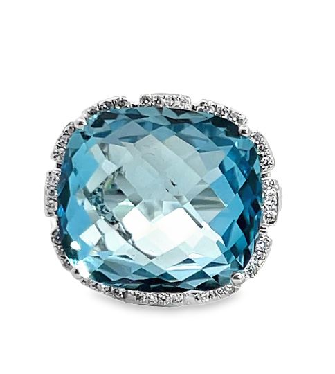 18KW Natural Blue Topaz/Diamond Cocktail Ring sz 7
