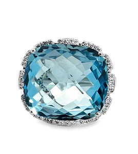 18KW Natural Blue Topaz/Diamond Cocktail Ring sz 7