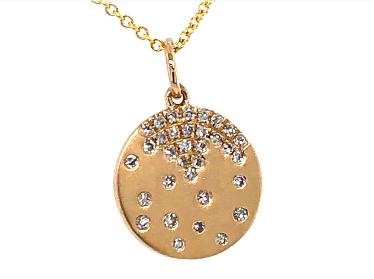 14Y Flush Set Diamond Disc Pendant Satin Finish with Chain Adjustable 16-18"