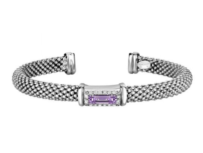 Sterling Silver 6mm Cuff Bracelet with Amethyst and .16 ctw Pave Diamonds