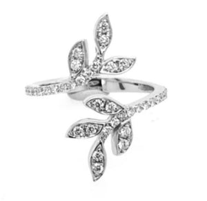 14W Floral Style Diamond Bypass Ring with 7 Leaves sz 6.5
