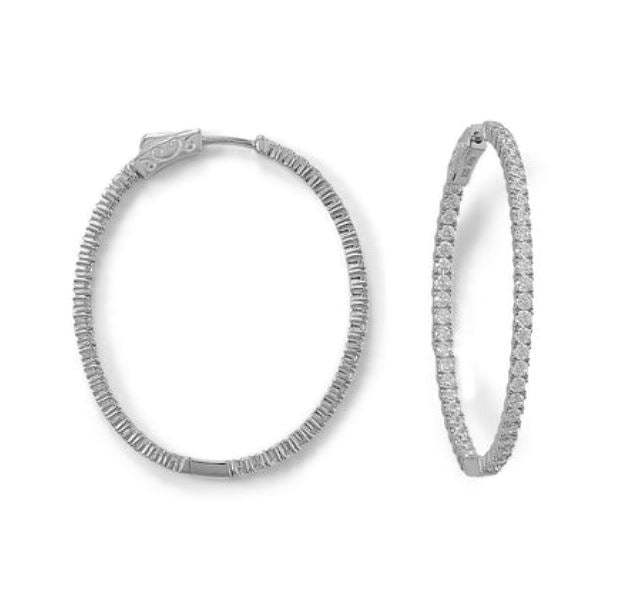 Sterling Silver Oval Inside/Out CZ Hoop Earrings