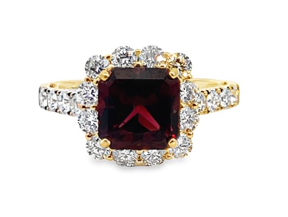 18Y Cushion Garnet &amp; Diamond Halo Ring with Scrollwork Accents sz 7