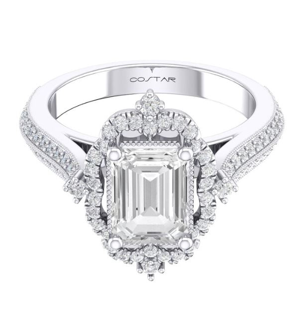 14W Emerald Cut Cadenza Halo Engagement Ring Semi-Mount sz 7