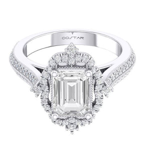 14W Emerald Cut Cadenza Halo Engagement Ring Semi-Mount sz 7