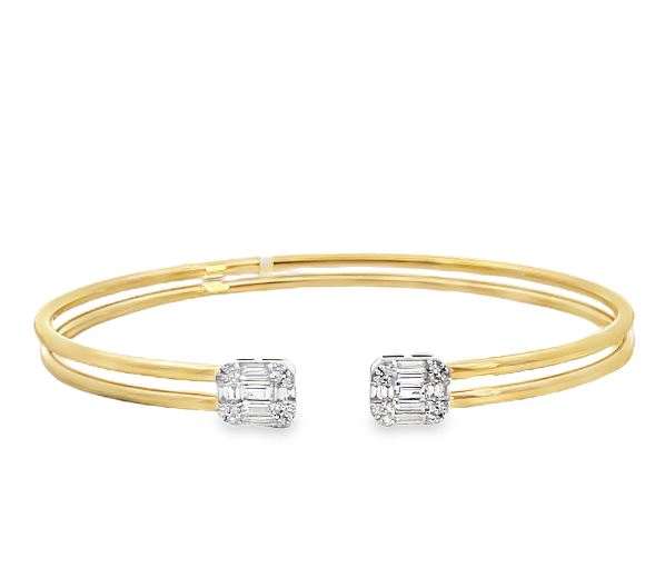 18KY Baguette and Round Open Bangle