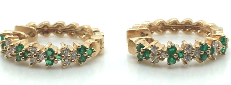 14Y Round Diamond and Emerald Triangle Hoop Earrings