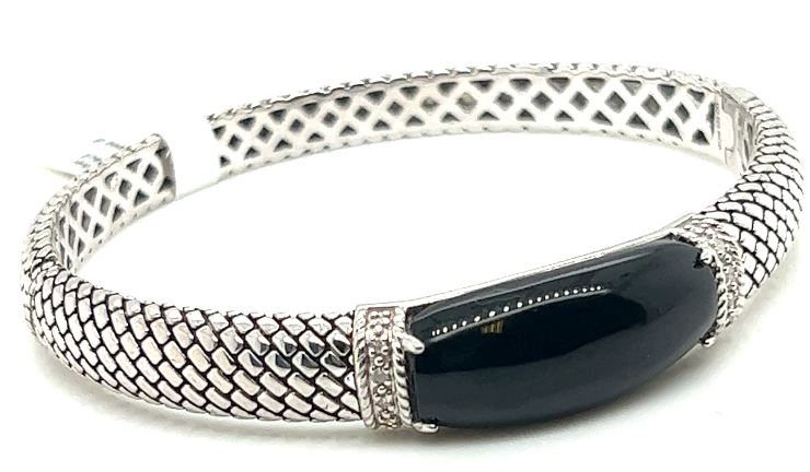 Sterling Silver Antiqued Black Onyx and Diamond Hinged Bangle Bracelet
