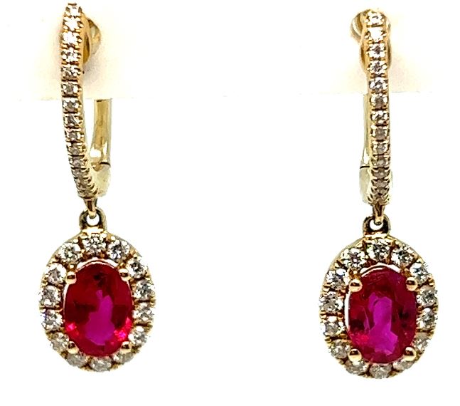 14Y Oval Ruby and Diamond Halo Hoop Dangle Earrings&nbsp;