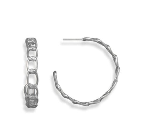Sterling Silver 3/4" Curb Link Hoop Earrings with Rhodium