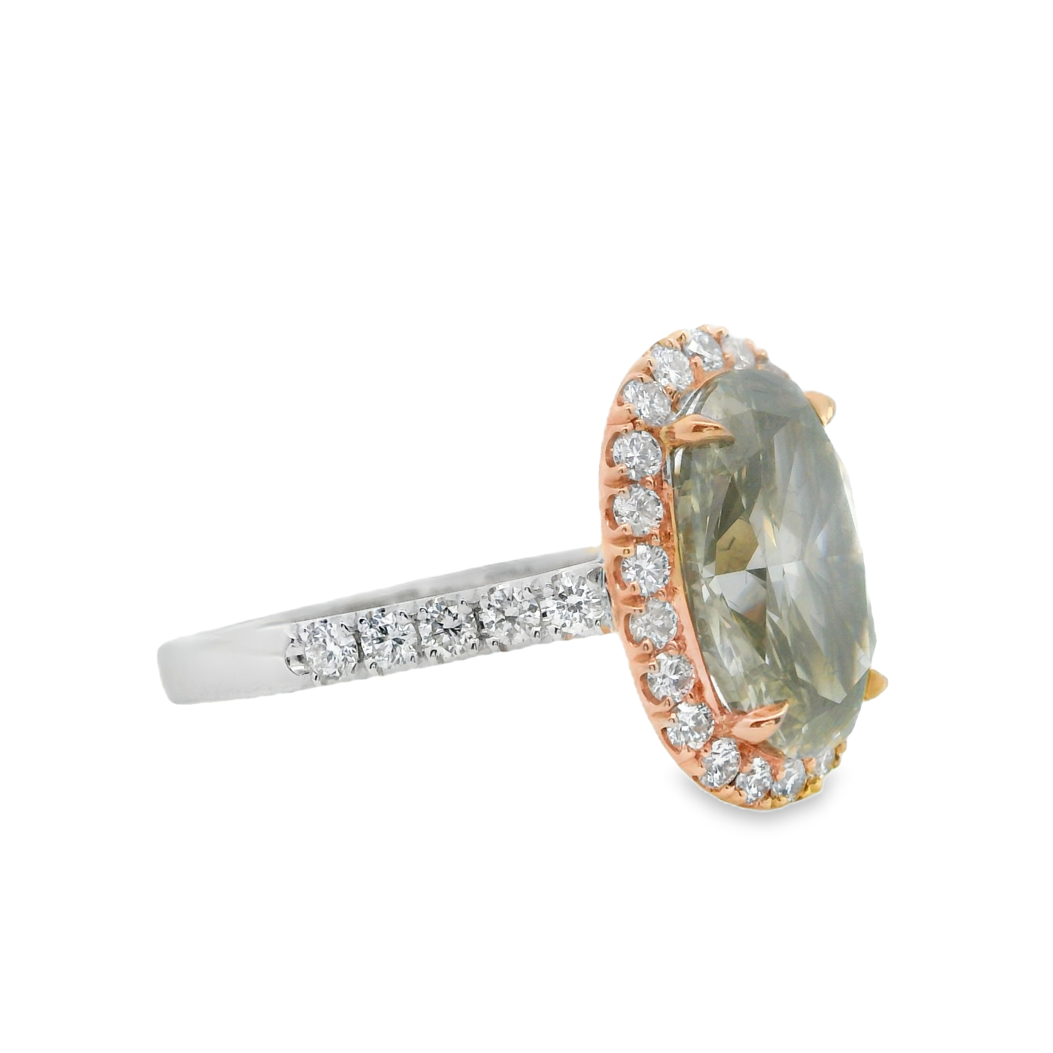 18W 3.18ct Oval Greenish Brown Diamond with Pink Diamond Halo Ring sz 7
