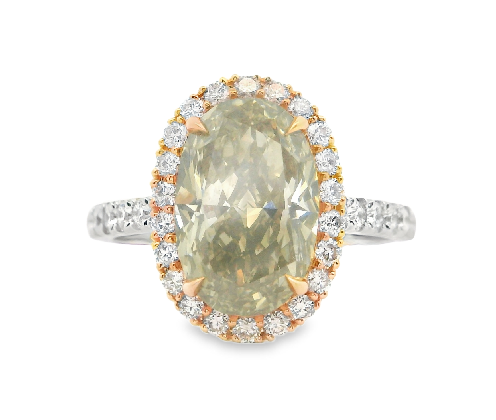 18W 3.18ct Oval Greenish Brown Diamond with Pink Diamond Halo Ring sz 7