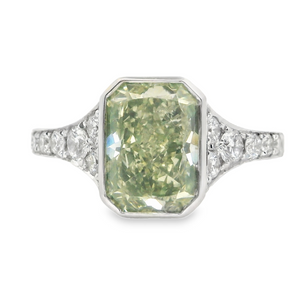 18W 3.03 Bezel Radiant Cut Mint Green Diamond .62ct Bead Set Ring sz 7