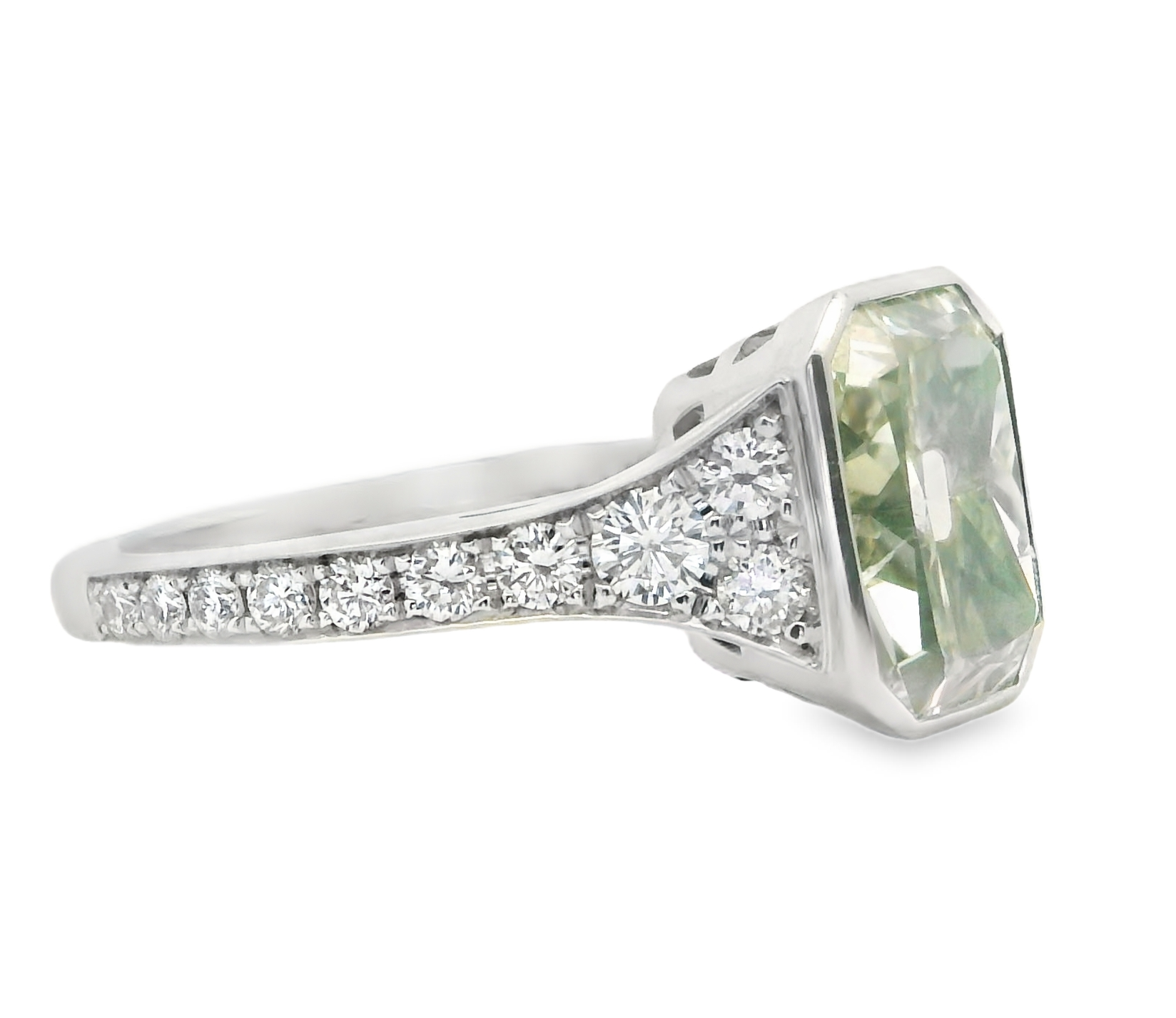18W 3.03 Bezel Radiant Cut Mint Green Diamond .62ct Bead Set Ring sz 7