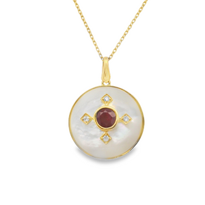 14Y Round Bezel set Ruby and Diamond Mother Of Pearl Pendant