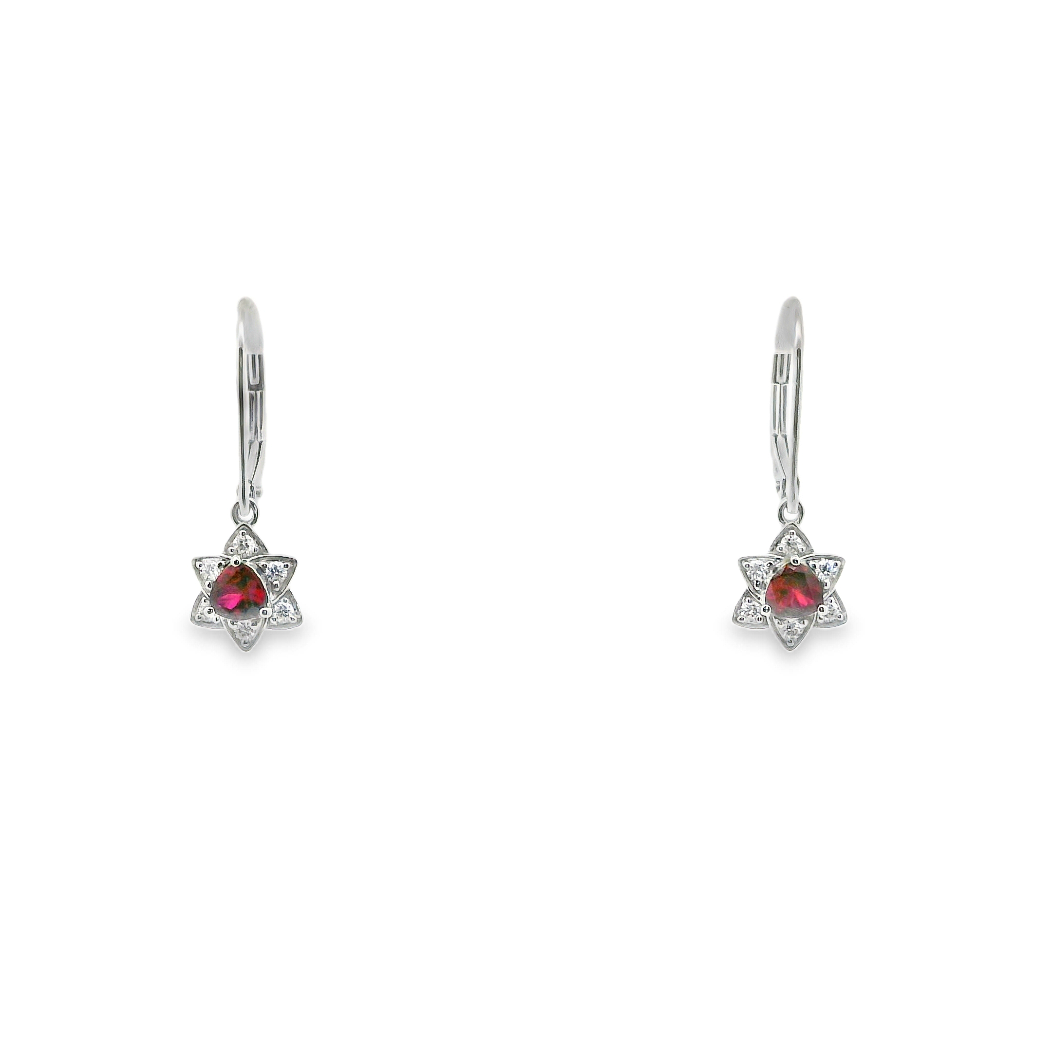 14W Trillion Ruby with Round Diamond Star Style Halo Dangle Earrings .53ctw