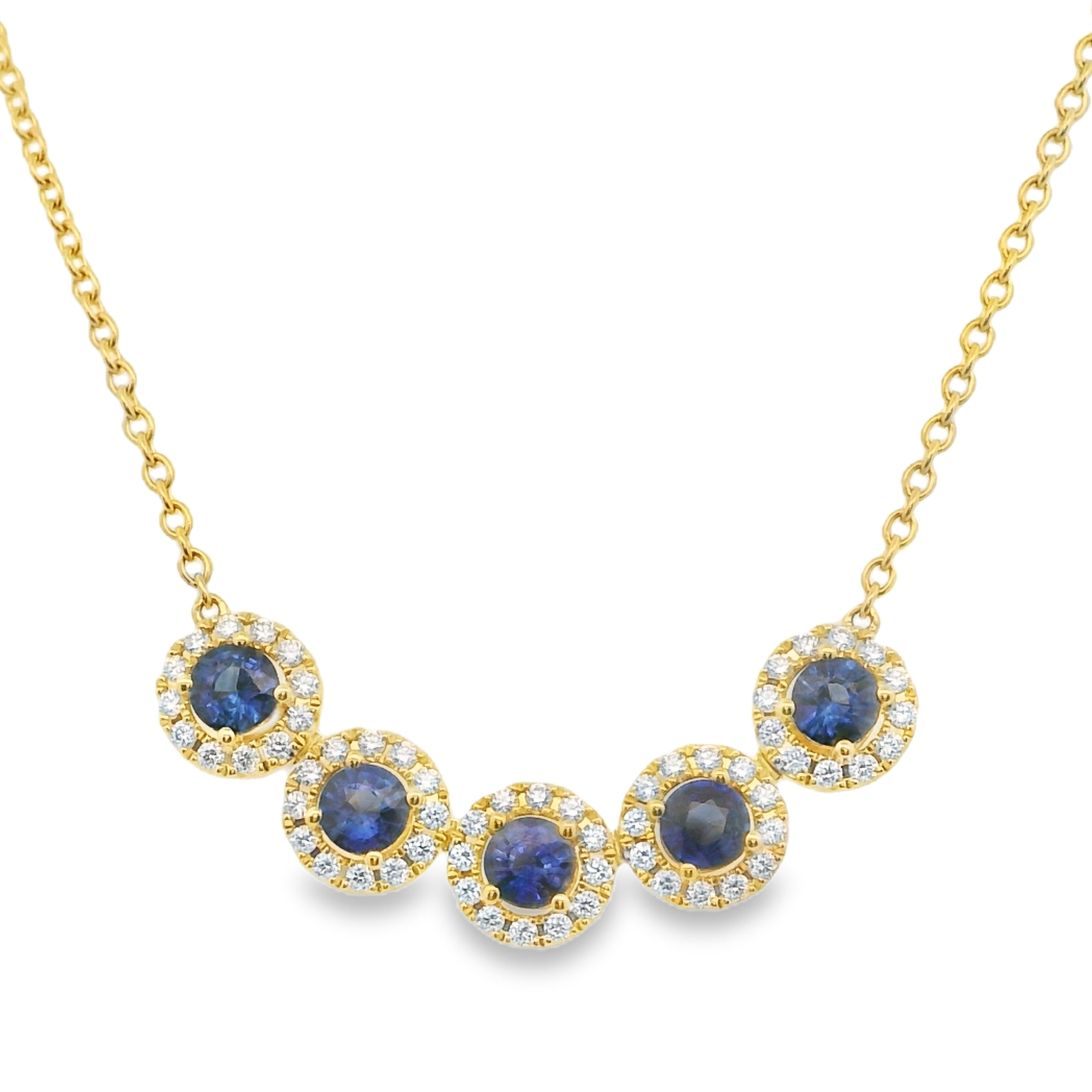 14Y 5-Round Sapphire with Diamond Halo Station Necklace 2.07ctw 16-18"