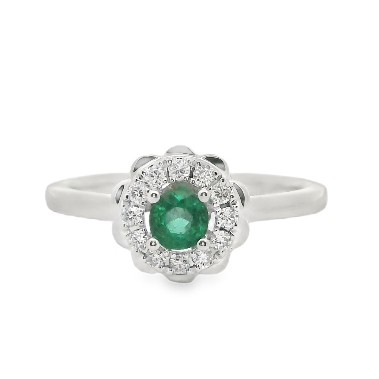 14W 3.8mm Round Emerald with Bead Set Round Diamond Halo Ring .36ctw sz 6
