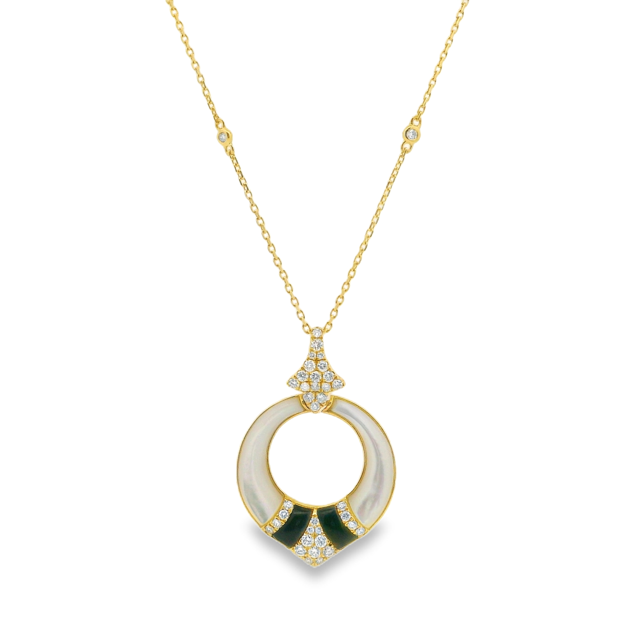 14Y Mother of Pearl and Black Onyx Bead Set Diamond Pendant with Bezel Diamond Cable