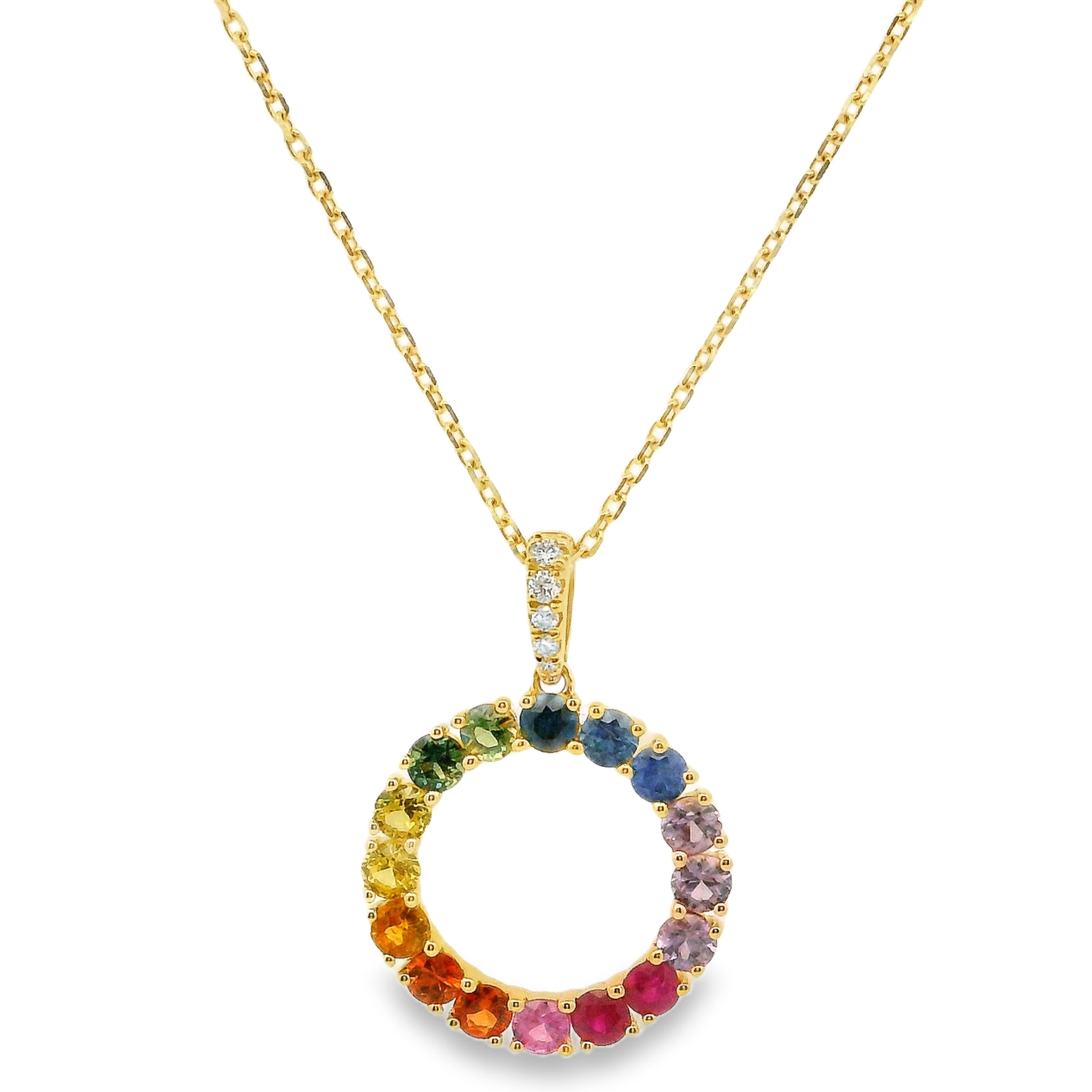 14Y Open Circle Round Multi-Color Sapphire Pendant with Diamond Bail 1.33ctw