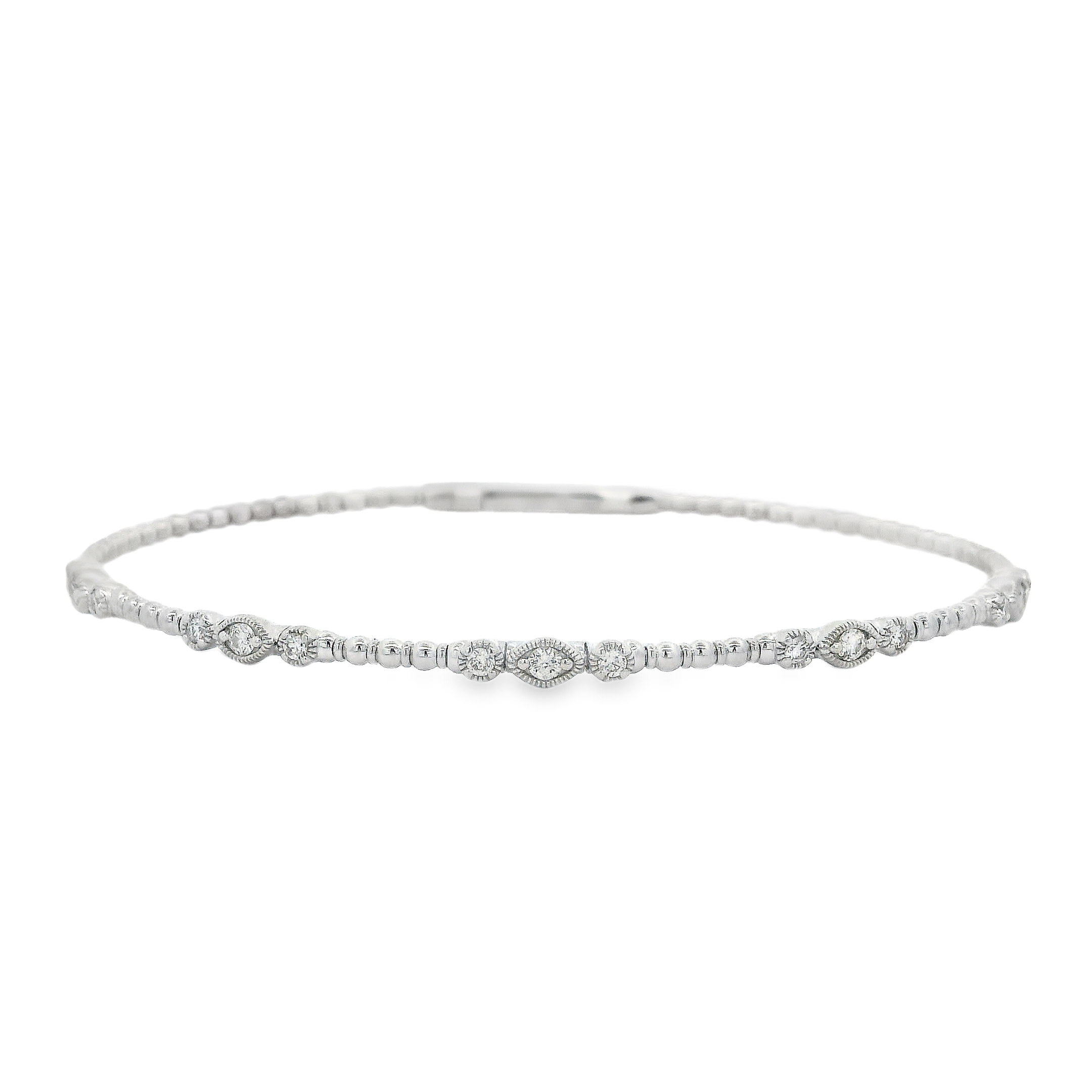 14W 5-Station Round Diamond Miligrain Station Bead Flexi Bangle Bracelet .32ctw I/SI1