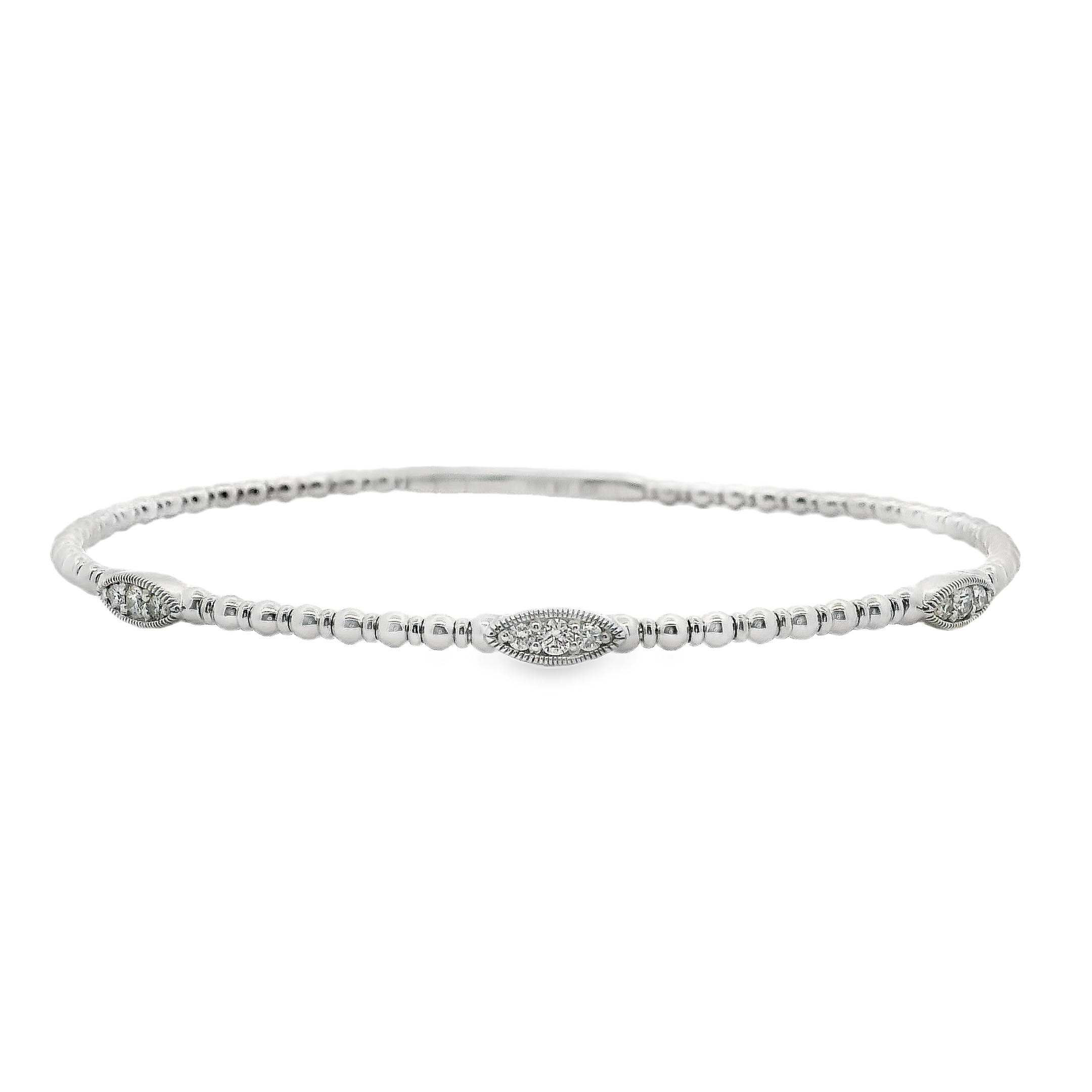 14W 3-Station 3 Round Diamond Miligrain Marquise Bead Flexi Bangle Bracelet .20ctw I/SI1