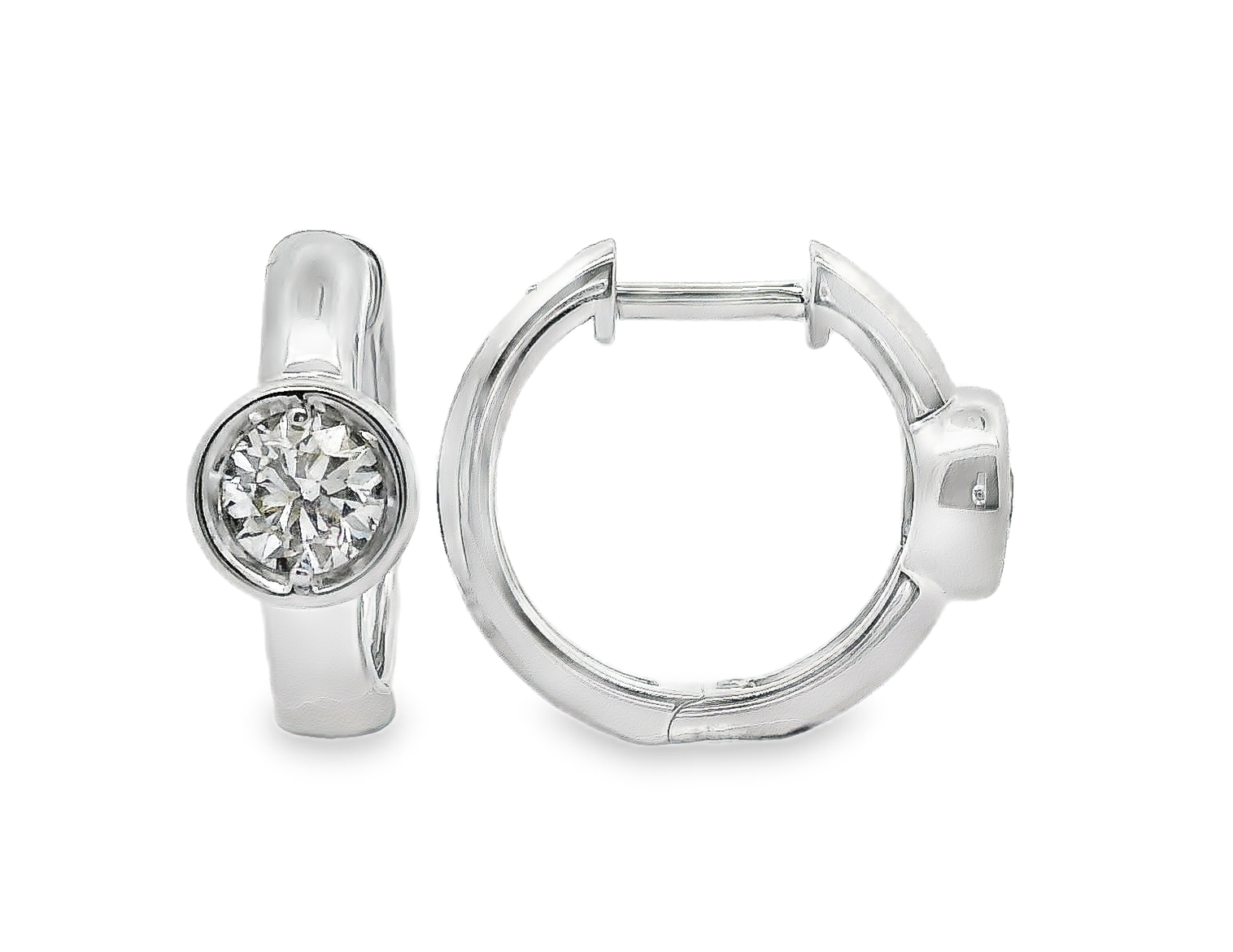 14W Round Bezel Set Diamond Huggie Hoop Earrings .80ctw I/SI1