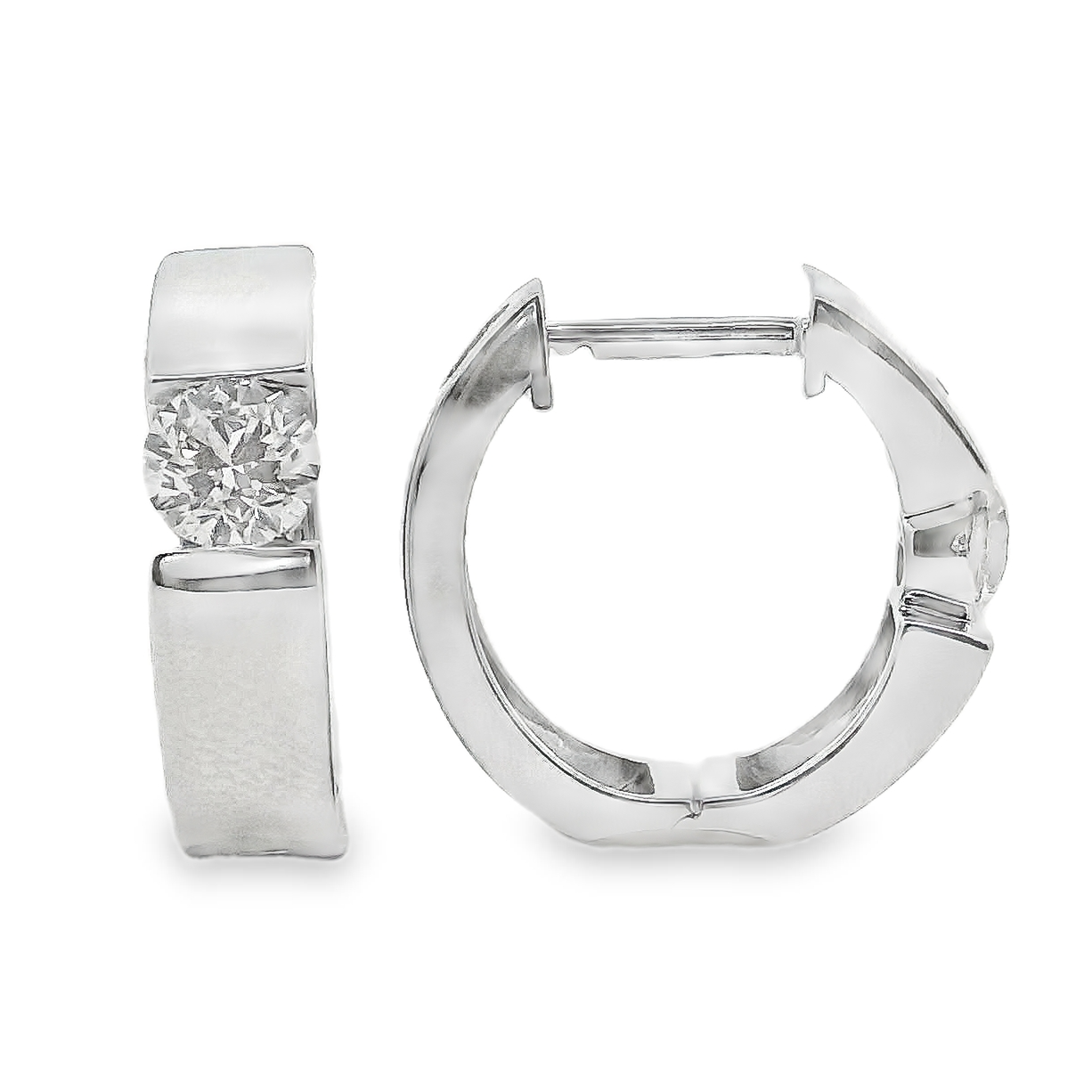 14W Tension Set Round Diamond Huggie Hoop Earrings .83ctw I/SI1