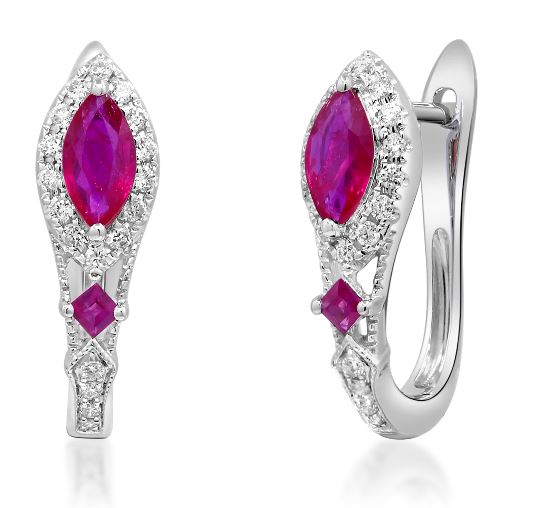 14W Marquise and Round Ruby and Diamond J Hoop Earrings