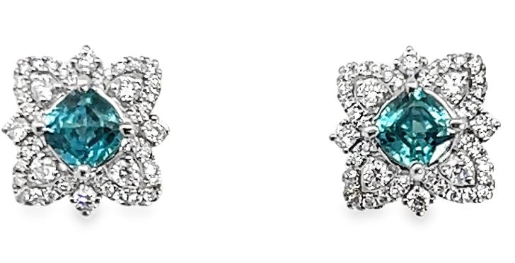 14W Cushion Blue Zircon Antique Diamond Earrings