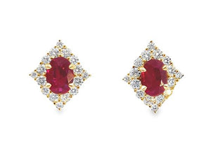 18Y Oval Ruby Studs with Decorative Diamond Frame