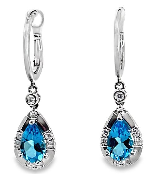 14W Pear Shaped Blue Topaz Dangle Earrings with Diamond Accents