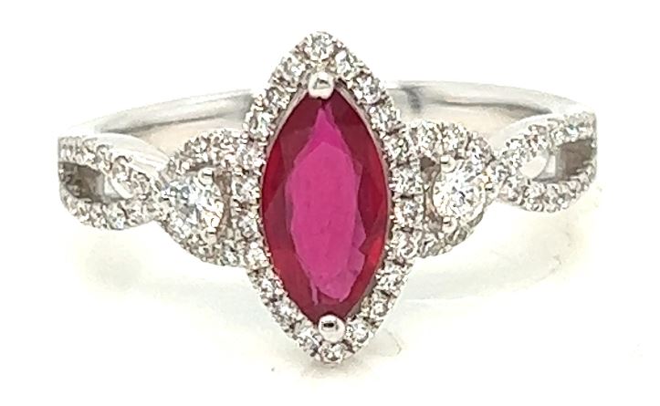 14W Marquise Ruby and Round Diamond Halo/Accent Ring sz 6.5