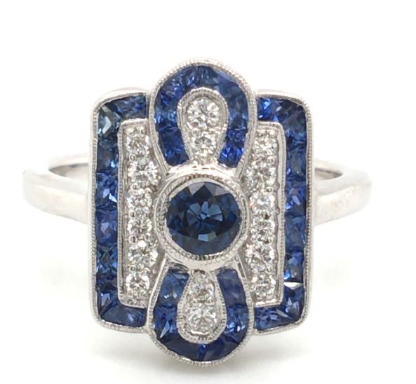 18W Vintage Style Channel Set Sapphire and Round Diamond Ring sz 6.5