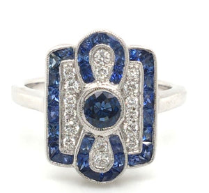 18W Vintage Style Channel Set Sapphire and Round Diamond Ring sz 6.5