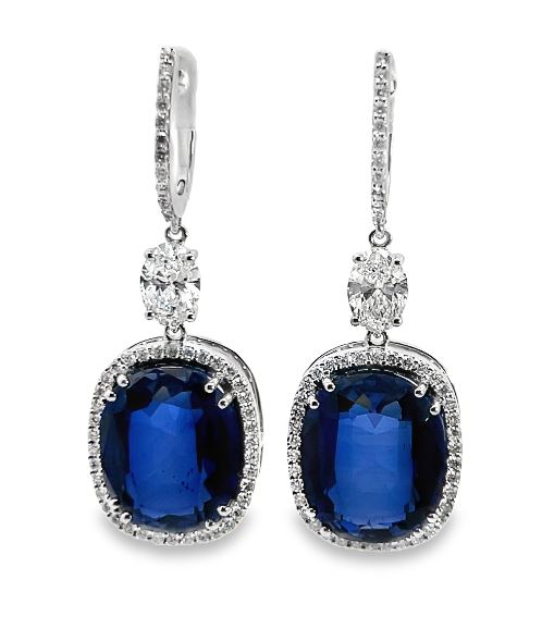14W Cushion Cut Lab Grown Blue Sapphire and Diamond Dangle Earrings