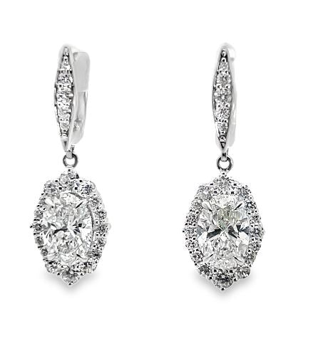 14W Oval Cut Lab Grown Diamond Dangle Earrings with Fancy Halo