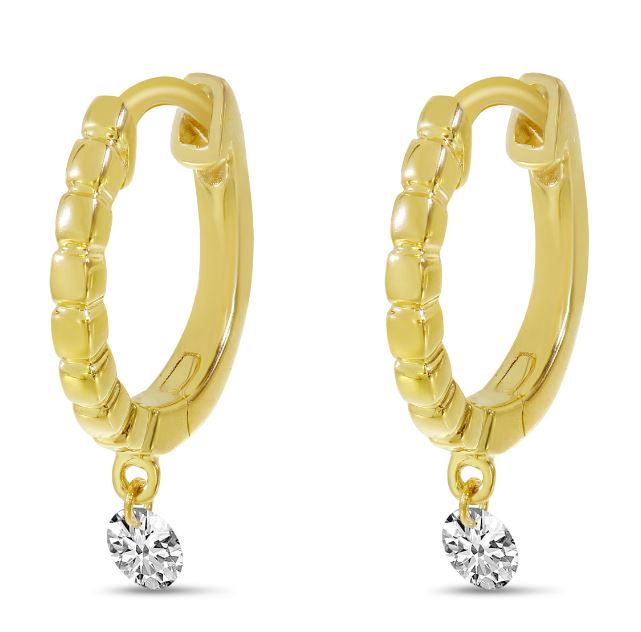 14Y Textured Huggie Hoops with Dangling Drilled Diamond Accents