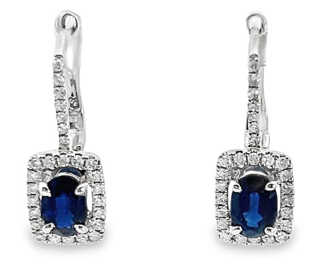 14W Oval Sapphire with Cushion Halo Leverback Earrings