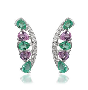 14W P/S Emerald and Pink Sapphire and Diamond Crescent Cluster Earrings