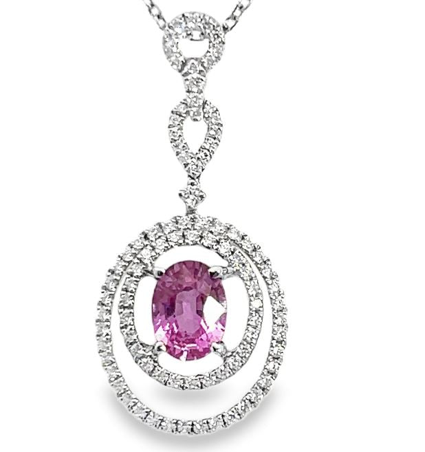 14W Oval Pink Sapphire and Double Oval Diamond Pendant