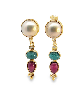 14Y 12mm Etruscan Stud/Mabe Pearl Stud Earrings with 14Y Oval and Pear Shape Green and Pink Tourmaline Earring Enhancers
