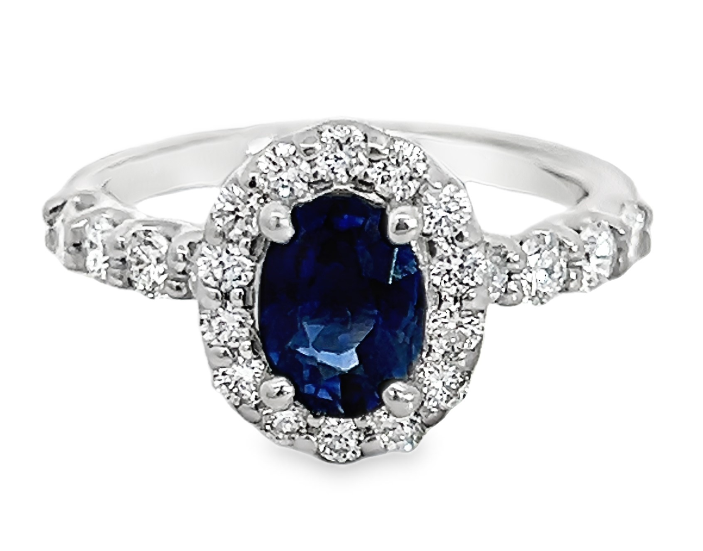 Platinum Oval Blue Sapphire Diamond Halo Ring Size 6