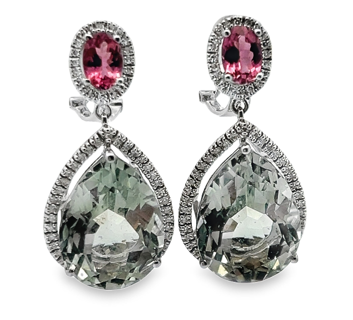 14W Pear Shape Green Amethyst with Oval Pink Tourmaline Dangle Earrings