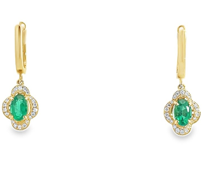 14Y Emerald and Diamond Halo Drop Earrings with Click-In Posts