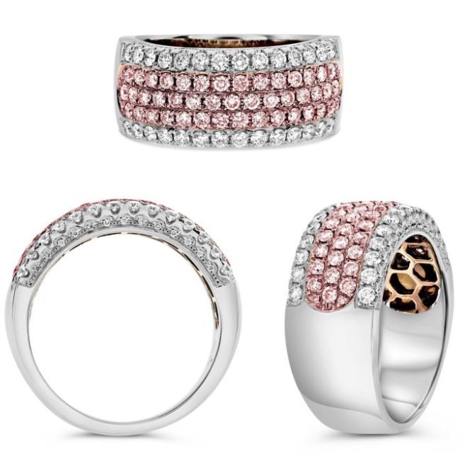 18TT Pave Pink Sapphire Center Diamond Band with White Diamond Frame Size 8.5