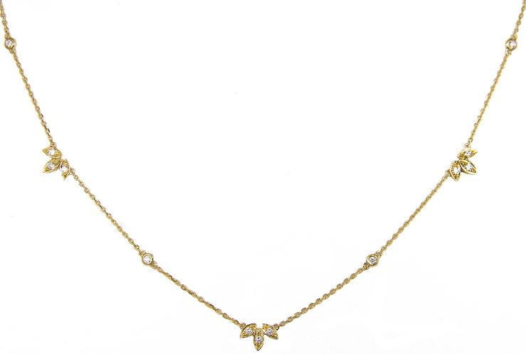 Color Jewels- 14Y Diamond 3 Leaf Station Necklace with 13 RBC Diamonds with Lobster Clasp