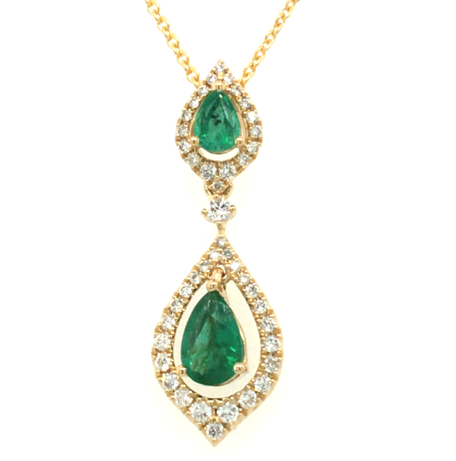 18Y Drop Pendant with 2 Pear Emeralds with Diamond Halos on 16-18" Chain